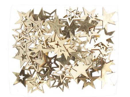 Streusortiment Sterne metallic Box 72St 3Mod Holz-Folie (doppelseitig) D4cm