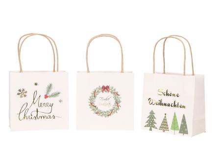 Geschenktüte bedruckt 3Mod "Merry Christmas", "Frohe Weihnachten", Schöne Weihnachten" B16 T8 H16cm