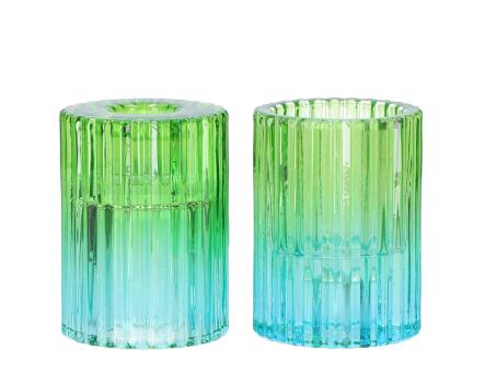 Kerzenhalter Rille rund f Spitz-/Stabkerze bis 22mm oder Teelicht 2tone grün/blau 2Mod D5,7 H7,7cm