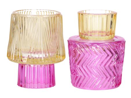 Kerzen/Teelichthalter Glas 2Mod 2tone pink/gelb D8,1 H10,5cm