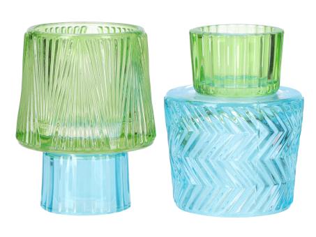 Kerzen/Teelichthalter Glas 2Mod 2tone grün/blau D8,1 H10,5cm