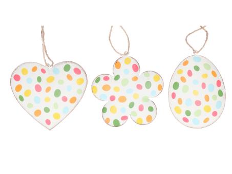 Hänger Blech 3Mod (Ei/Herz/Blüte) bunte Eier D8-11cm