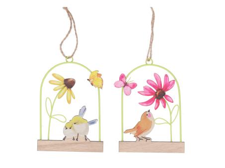 Hänger Vogel Blumenwiese Metall/Holz B9 T0,5 H13cm