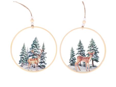 Hänger Loop Holz/Metall Druckmotiv Winterlandschaft Hirsch/Reh 