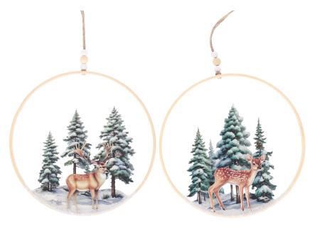 Hänger Loop Holz/Metall Druckmotiv Winterlandschaft Hirsch/Reh B20  H20cm