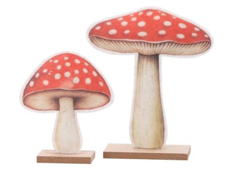 Fliegenpilz Filz 2Mod Druckmotiv beidseitig a Holzsockel B12/16,5 T4/5 H14,5/20,5cm