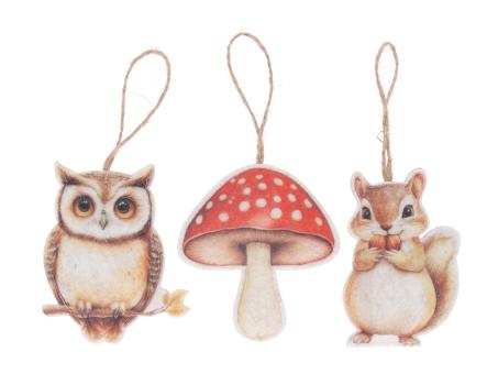 Sortiment Hänger Filz 3Mod Eichhörnchen/Eule/Pilz Druckmotiv beidseitig B6,5 H10cm