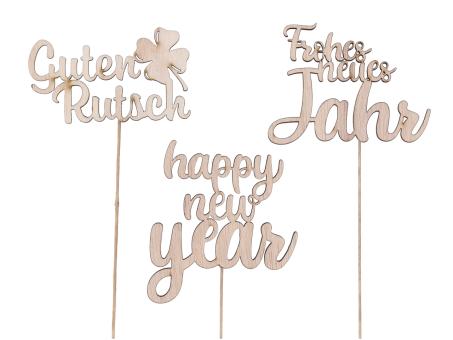 Stecker Spruch Holz 3Mod Frohes neues Jahr - Guten Rutsch - Happy New Year a Draht 