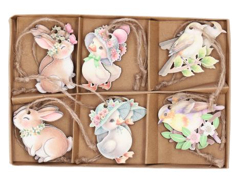 Sortiment Hänger Holz/Print sort Hase-Vogel-Küken D4-6cm L29-30cm
