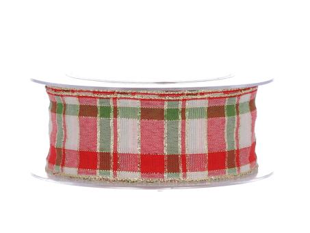 Band Karo rot-grün Lurex Goldkante 40mm 20mr   40mm 20mr