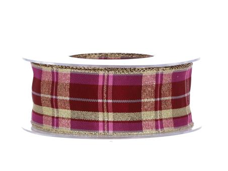 Band Karo pink-bordeaux Lurex Goldkante 40mm 20mr   40mm 20mr