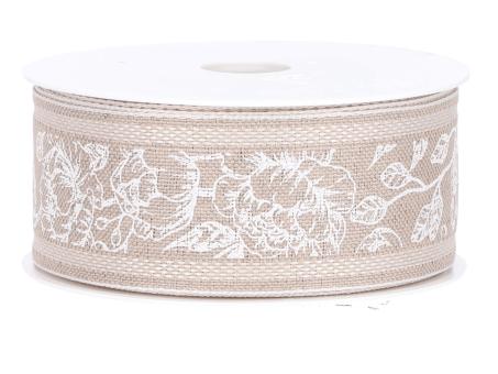 Band Leinenmischung Pfingstrosen natur weiss 40mm 12mr 40mm 12mr