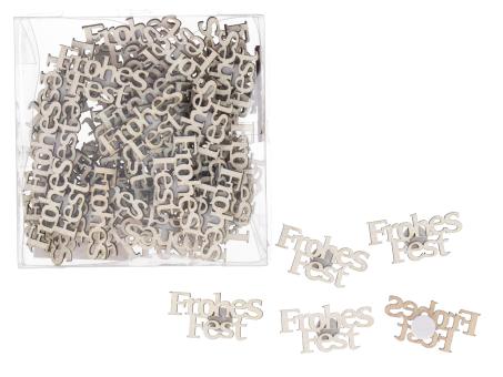 Spruch ''Frohes Fest'' Holz 60St/Box m Glitter z streuen m Klebepunkt B4 H2cm