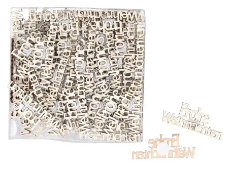 Spruch ''Frohe Weihnachten'' Holz 60St/Box m Glitter z streuen m Klebepunkt B4,9 H2cm