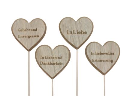 Stecker Holzherzen m Sprüchen 4Mod 12St/Box D8 Stab 28cm