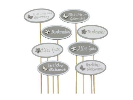 Stecker Holz 4 Sprüche 8Mod Herzlichen Glückwunsch/Alles Gute/Dankeschön/Alles Liebe zum Geburtstag H3,5 B7,5 L30cm