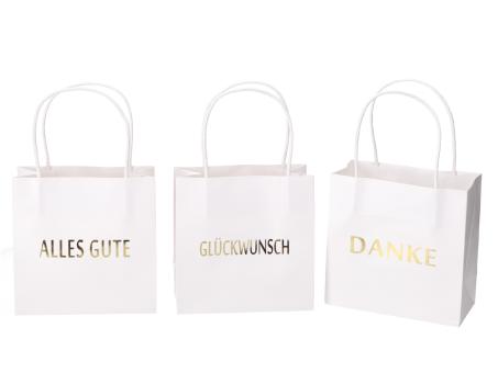 Geschenktüte bedruckt 3 Sprüche "DANKE", "ALLES GUTE", "GLÜCKWUNSCH" sortiert  B16 T8 H16cm