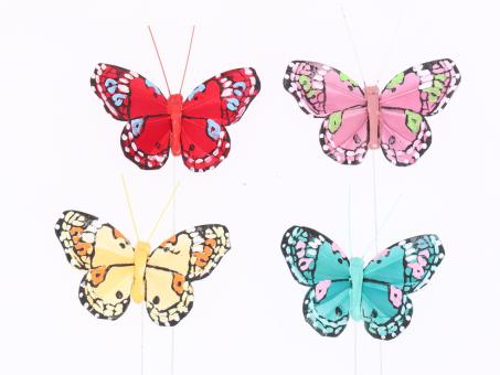 Schmetterling Feder Madame Butterfly a Draht 4fb rot-turqu-gelb-rosa  B7,5cm